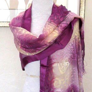 Purple & cream sheer silk & rayon 70" shawl scarf fringed abstract pattern